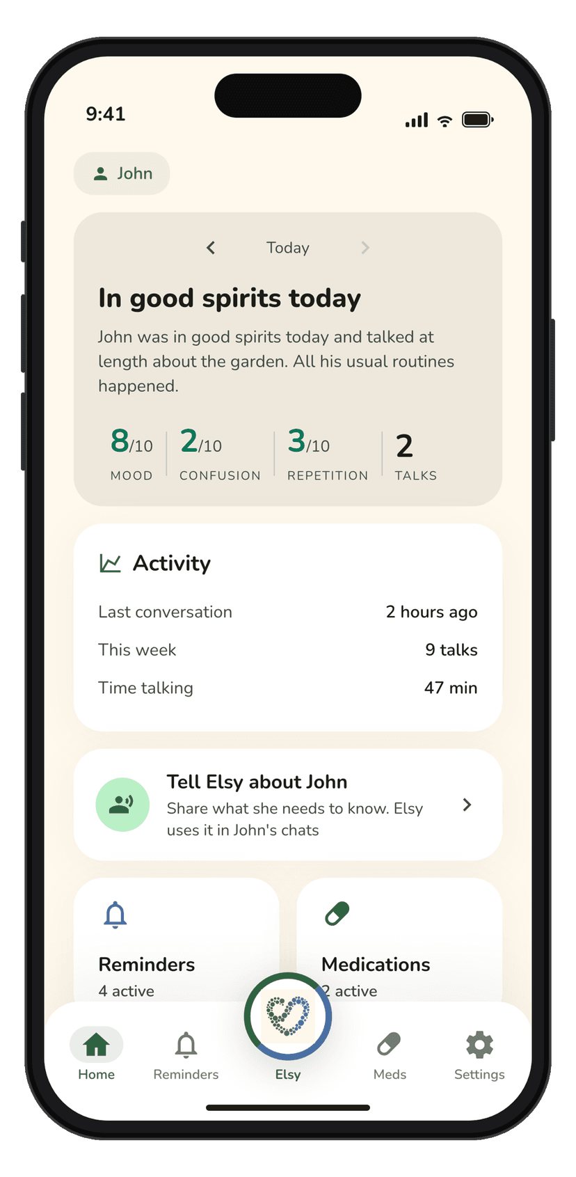 The Elsy app on an iPhone showing the family view for one family member