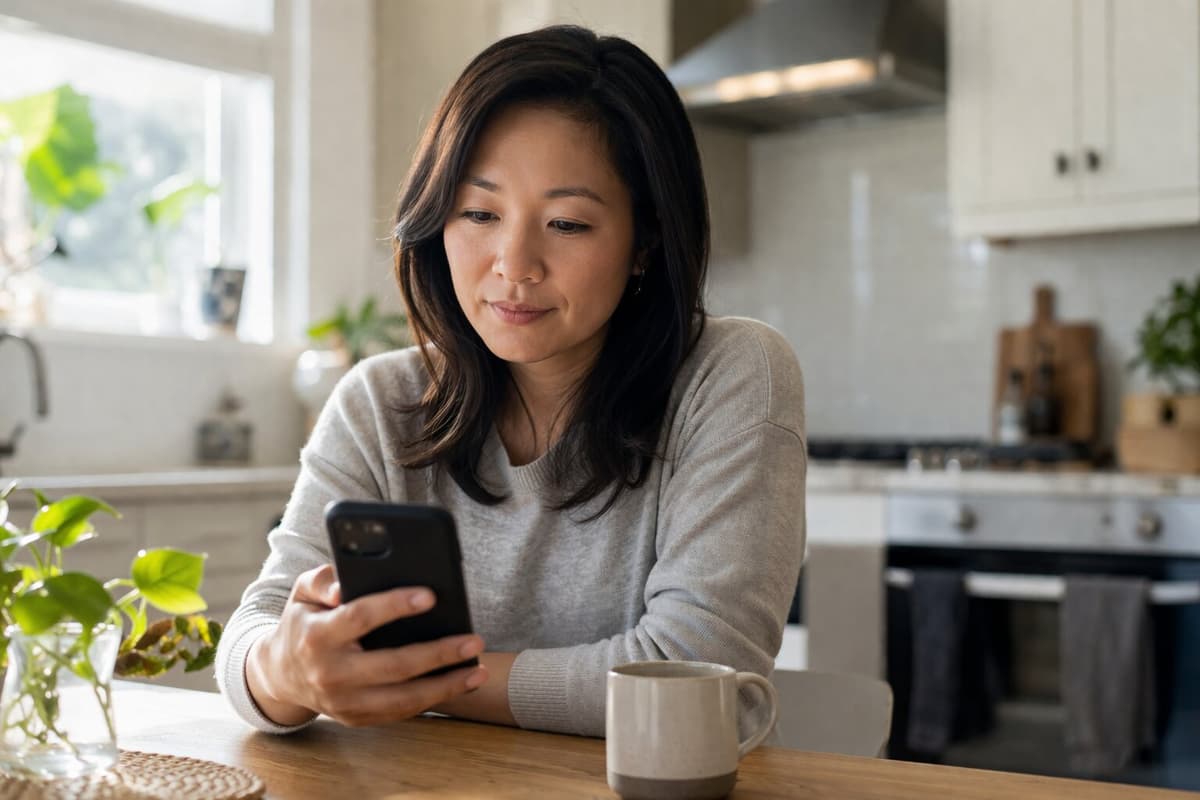 Family member setting up Elsy on a phone in a bright kitchen