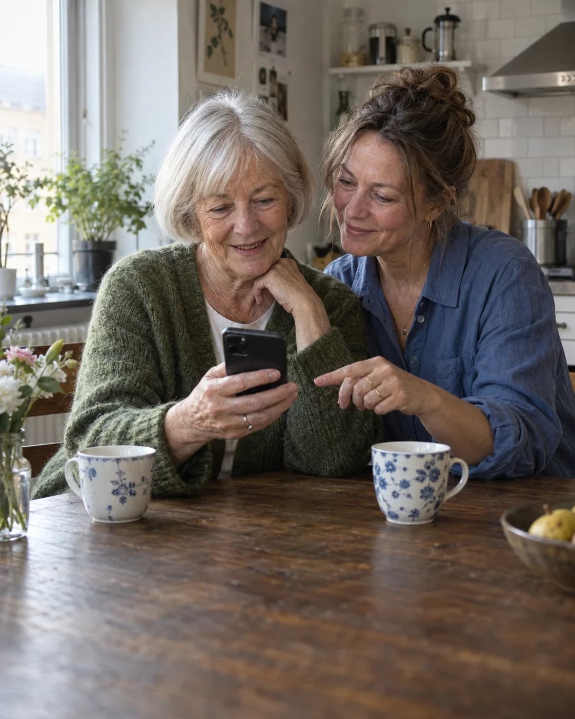 En ældre kvinde og hendes datter ved køkkenbordet smiler sammen til en telefon