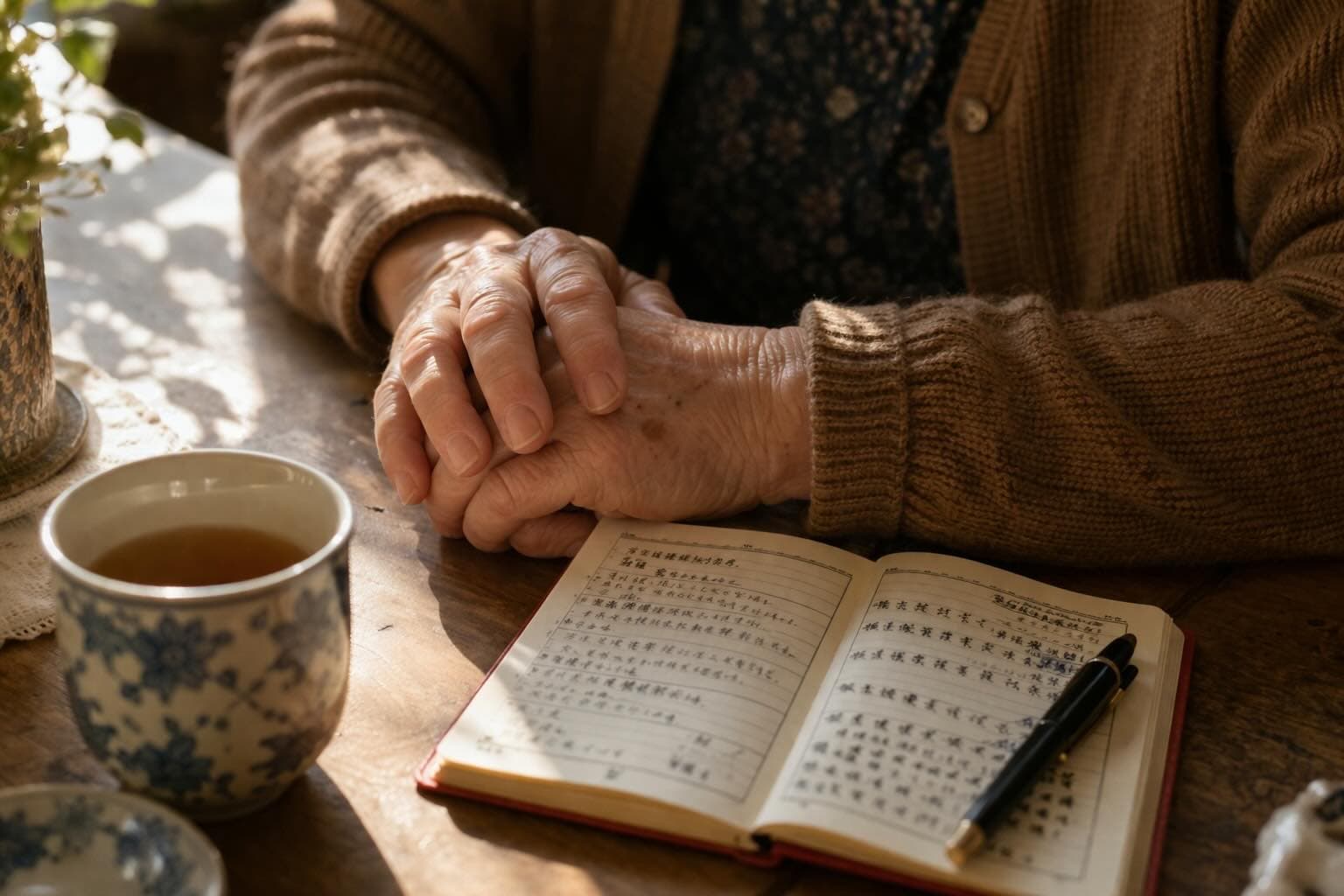 Ældre hænder med notesbog og te