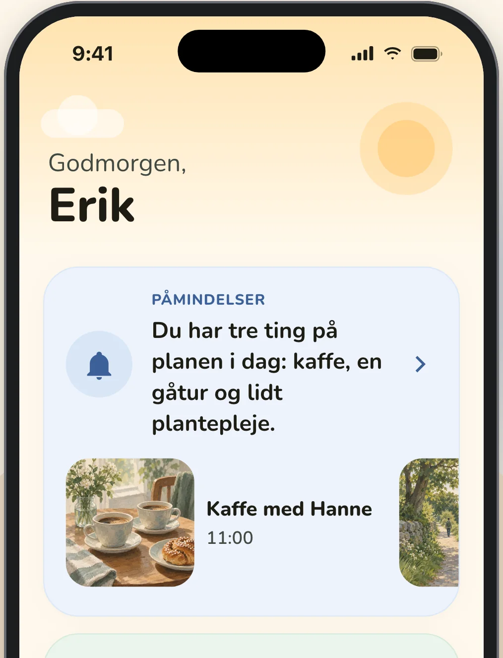 Elsy-appens startskærm: Godmorgen, Erik, med dagens påmindelser og medicin