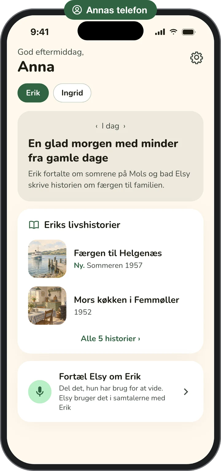 Telefonen hos Anna, Eriks datter: et sammendrag af hans morgen, de livshistorier han har sendt hende og en knap til at fortælle Elsy om ham