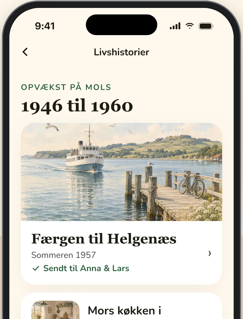 Eriks livshistorier i Elsy-appen med Færgen til Helgenæs fra sommeren 1957 øverst