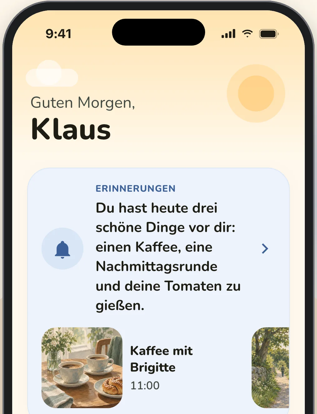 Der Startbildschirm der Elsy-App: Guten Morgen, Klaus, mit den Erinnerungen und Medikamenten für heute