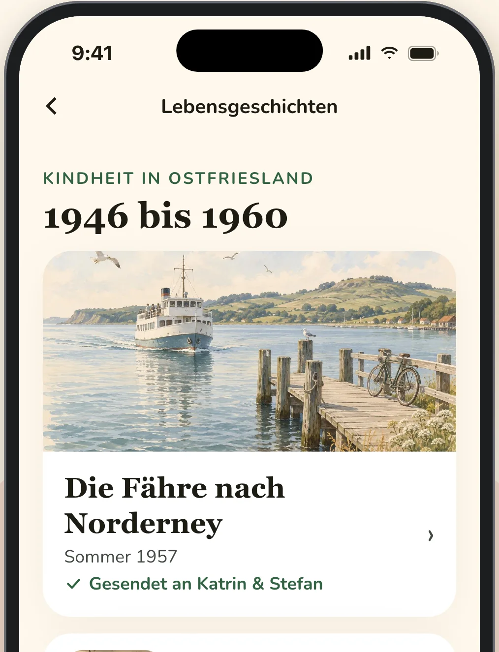 Die Lebensgeschichten von Klaus in der Elsy-App, angefangen mit „Die Fähre nach Norderney“, Sommer 1957
