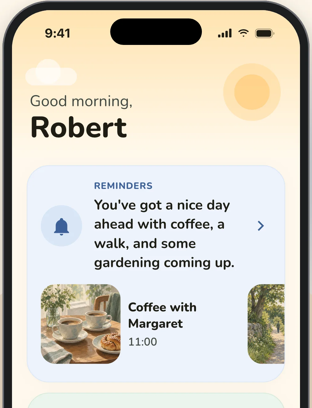 The Elsy app's home screen: good morning, Robert, with today's reminders and medicines
