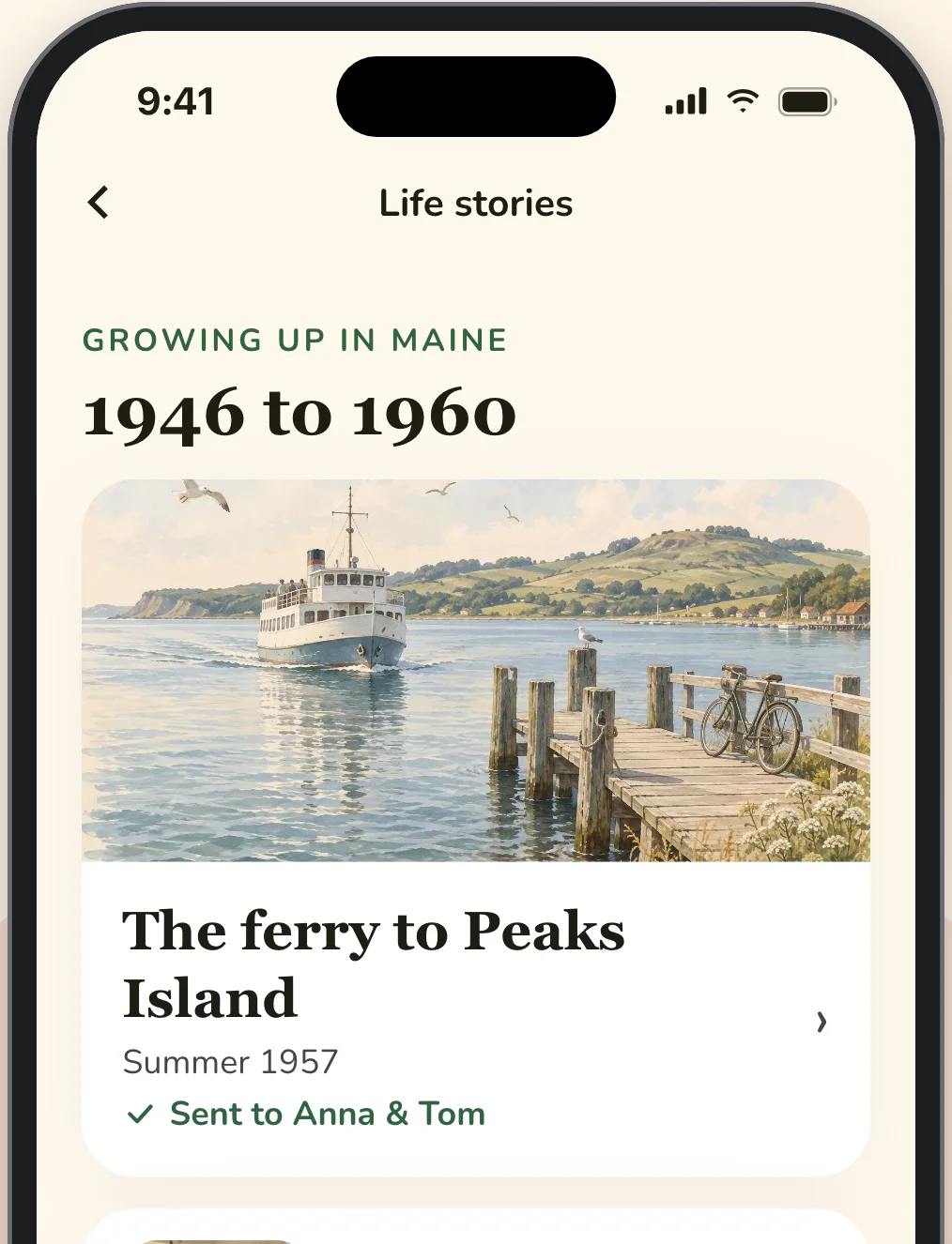 Robert's life stories in the Elsy app, starting with The ferry to Peaks Island, summer 1957