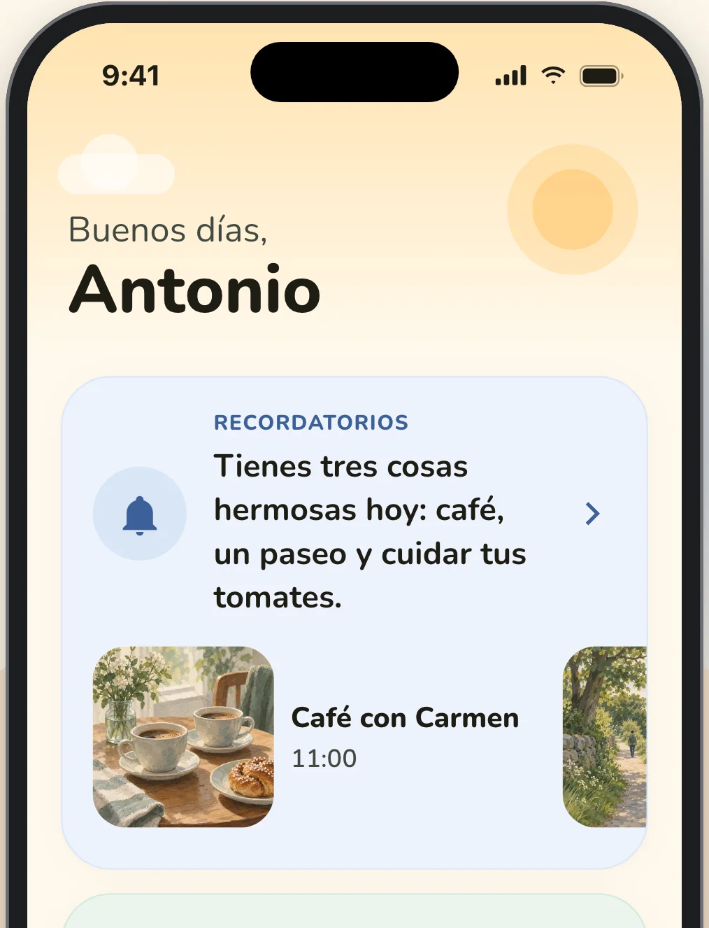 La pantalla de inicio de la aplicación Elsy: «Buenos días, Antonio», con los recordatorios y los medicamentos de hoy