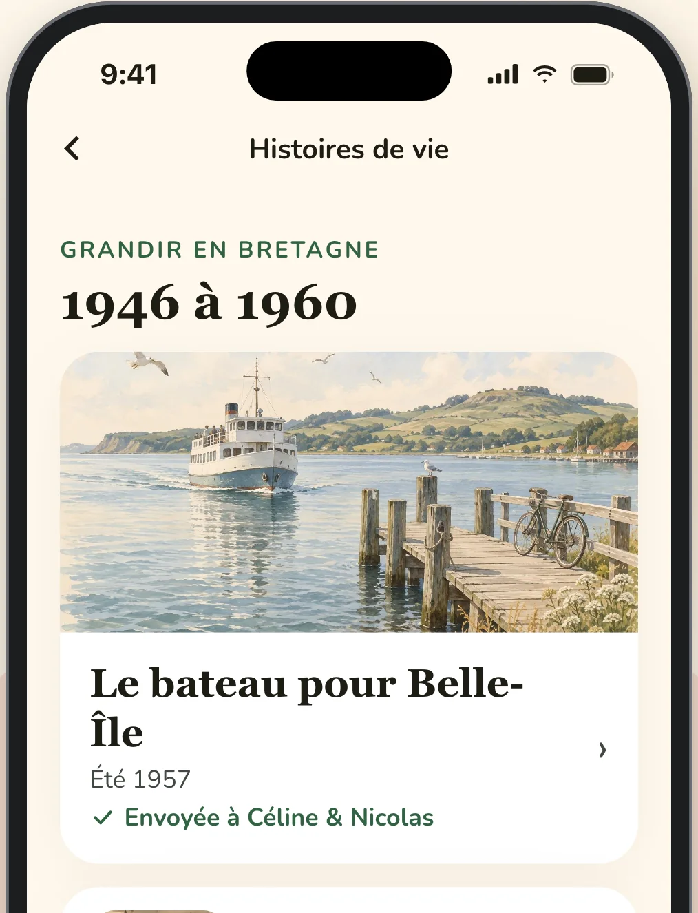Les histoires de vie de Michel dans l'application Elsy, à commencer par « Le bateau pour Belle-Île », été 1957