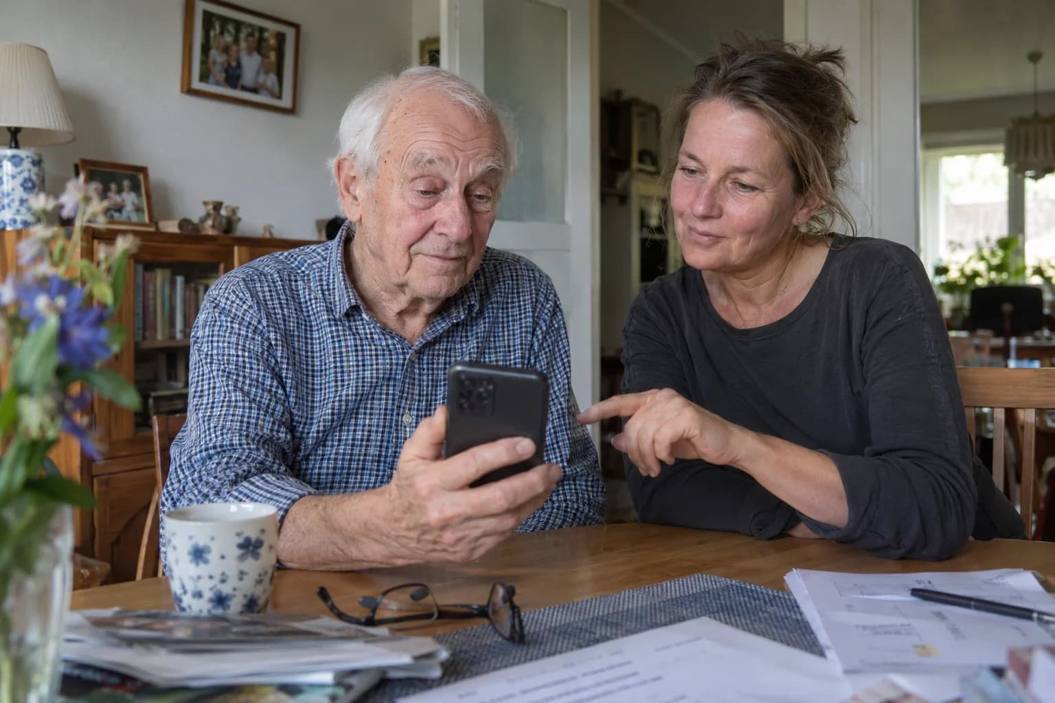 An older man and his daughter looking at a phone together