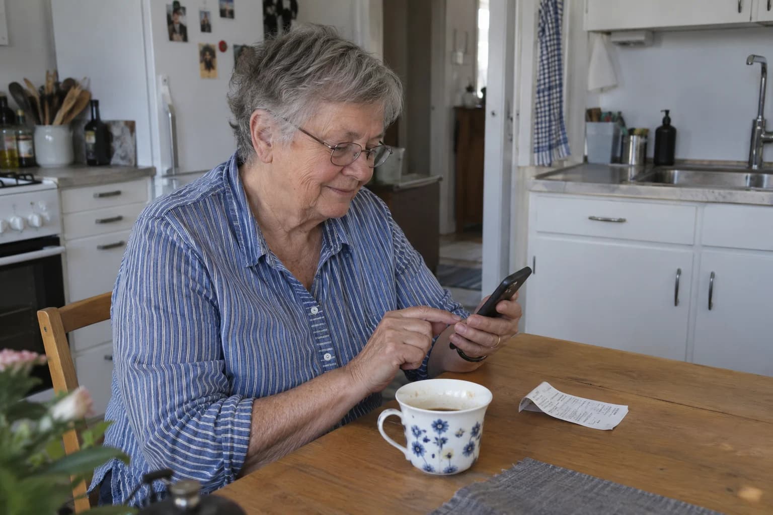An older woman at her kitchen table, using her phone
