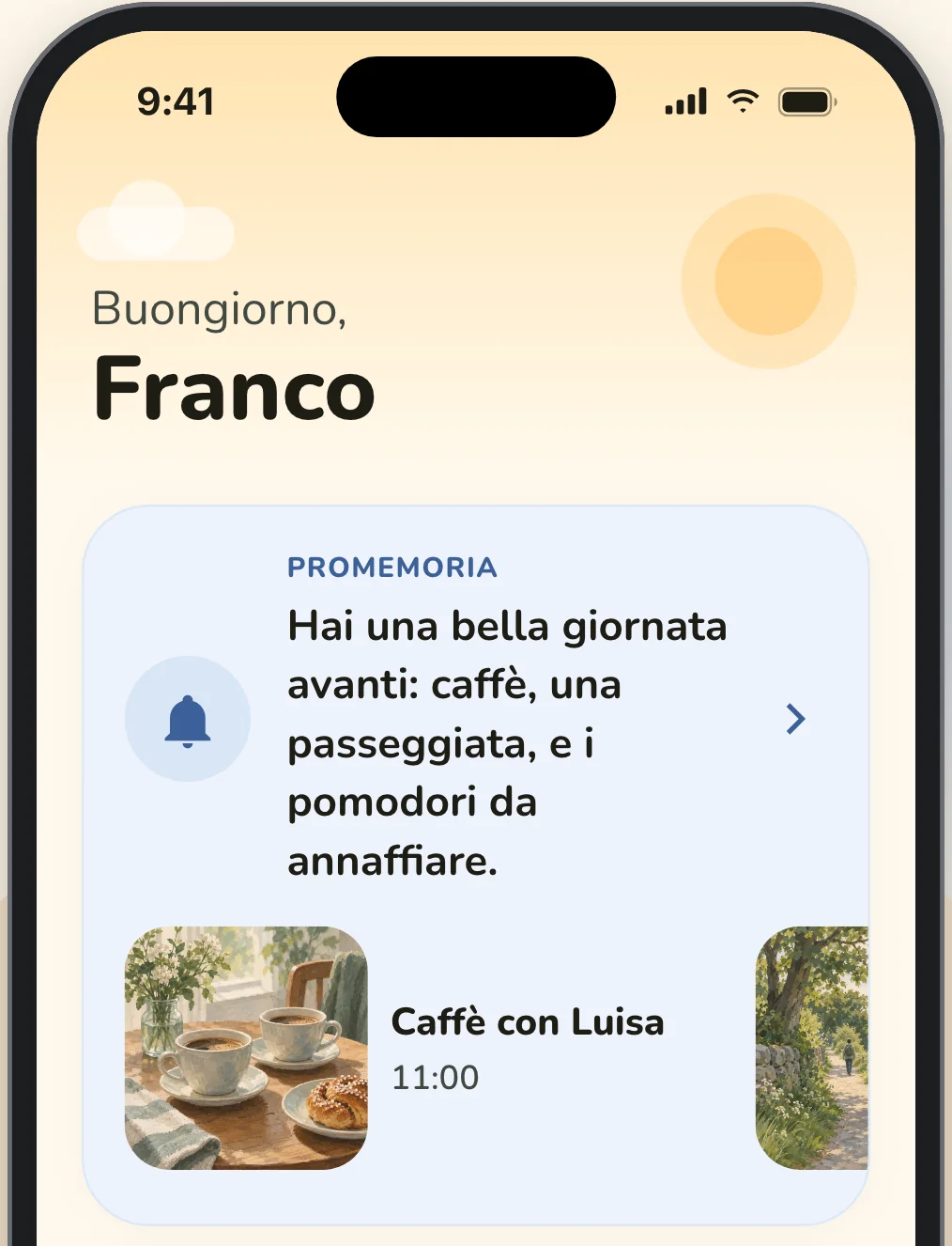 La schermata iniziale dell'app Elsy: Buongiorno, Franco, con i promemoria e le medicine di oggi