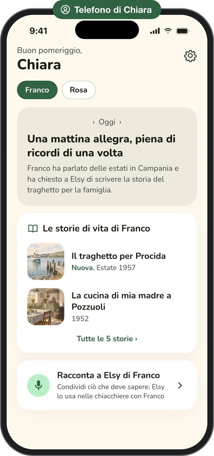 Il telefono di Chiara, la figlia di Franco: un riepilogo della sua mattinata, le storie di vita che lui le ha inviato e un pulsante per raccontare a Elsy di lui