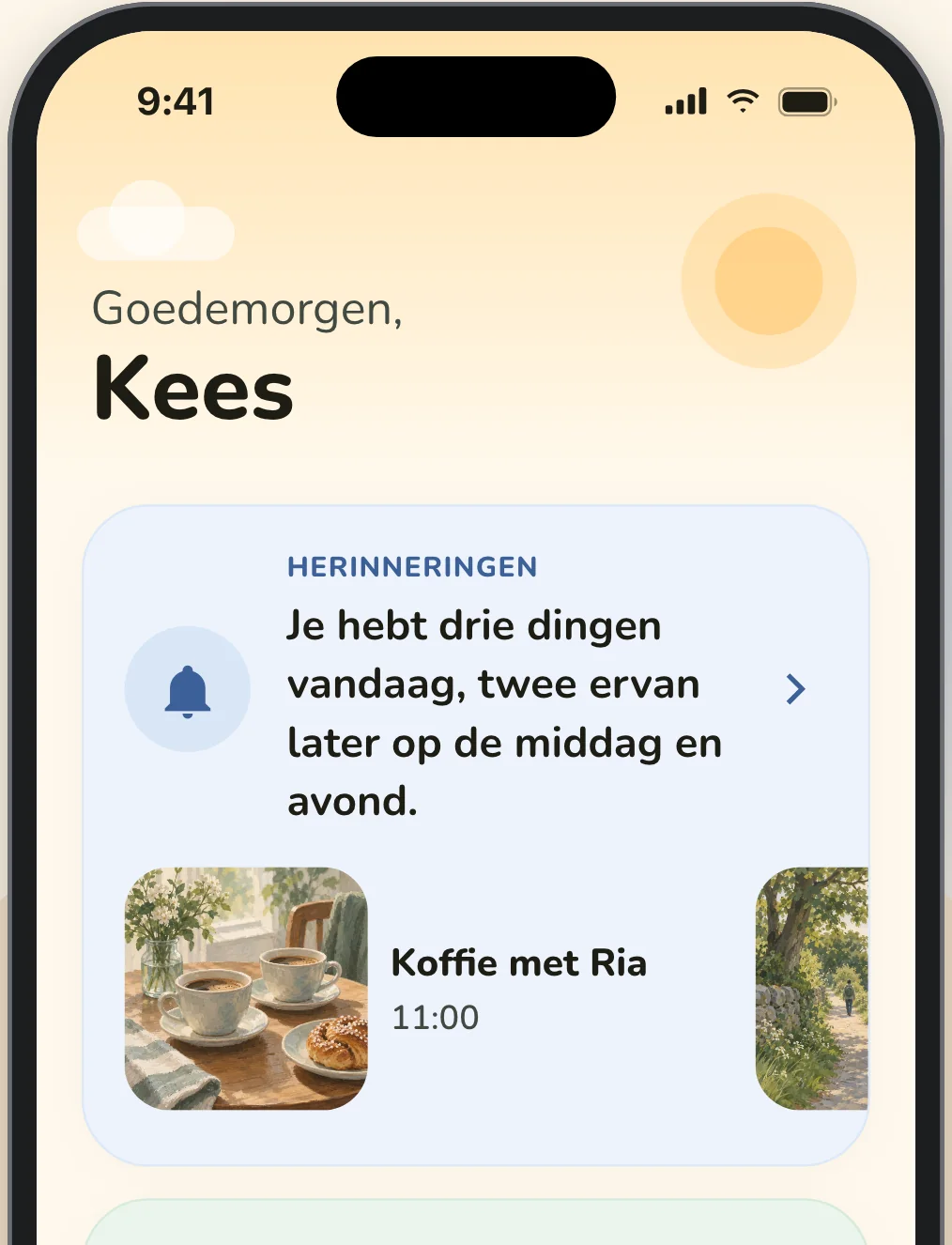 Het startscherm van de Elsy-app: goedemorgen, Kees, met de herinneringen en medicijnen van vandaag