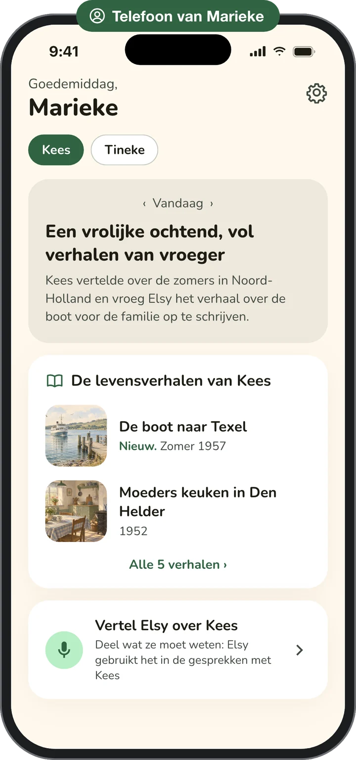 De telefoon van Marieke, de dochter van Kees: een samenvatting van zijn ochtend, de levensverhalen die hij haar stuurde, en een knop om Elsy over hem te vertellen