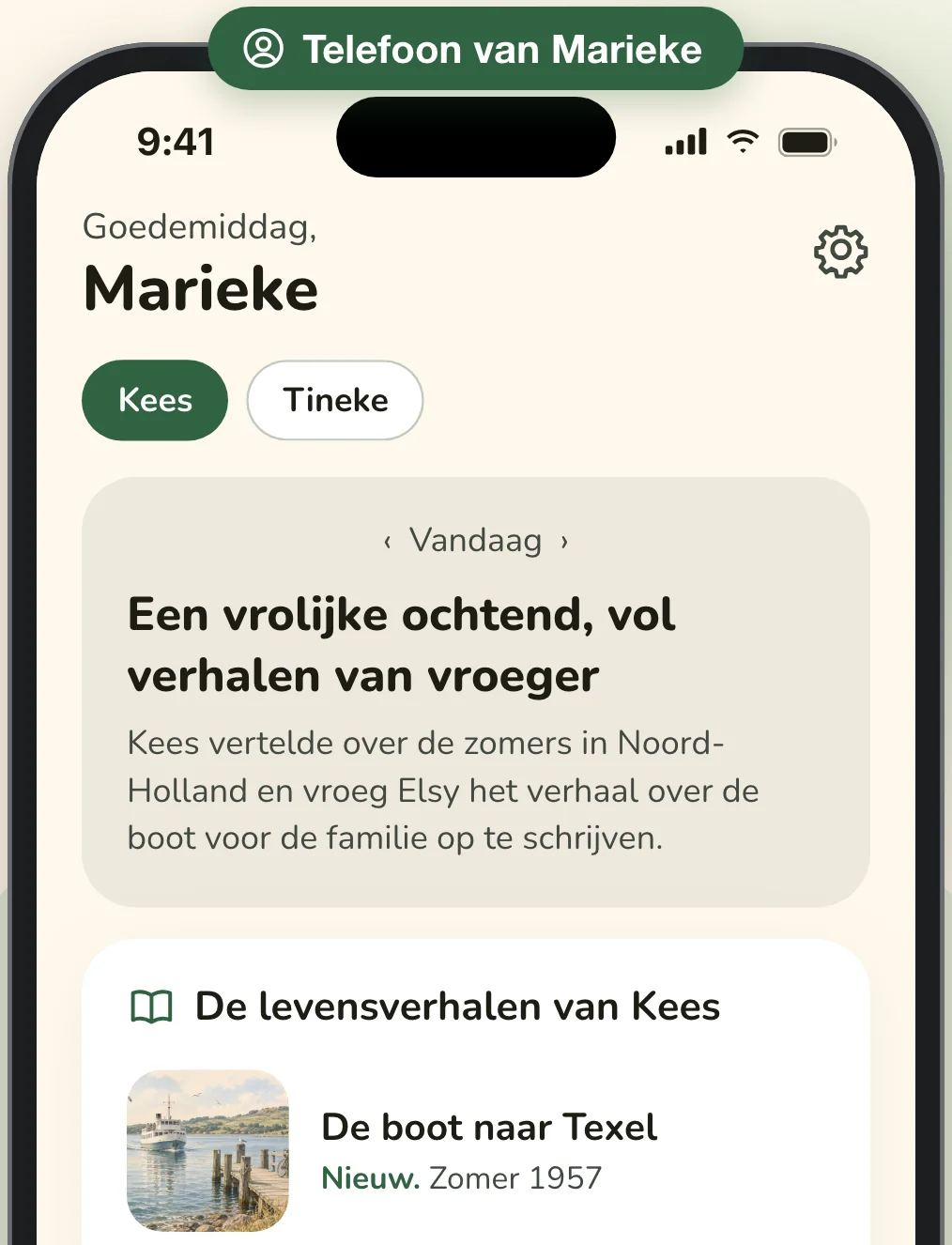 De telefoon van Marieke, de dochter van Kees: een korte samenvatting van zijn ochtend en de verhalen die hij haar stuurde