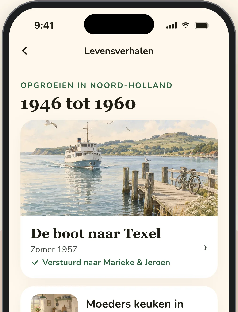 De levensverhalen van Kees in de Elsy-app, te beginnen met De boot naar Texel, zomer 1957
