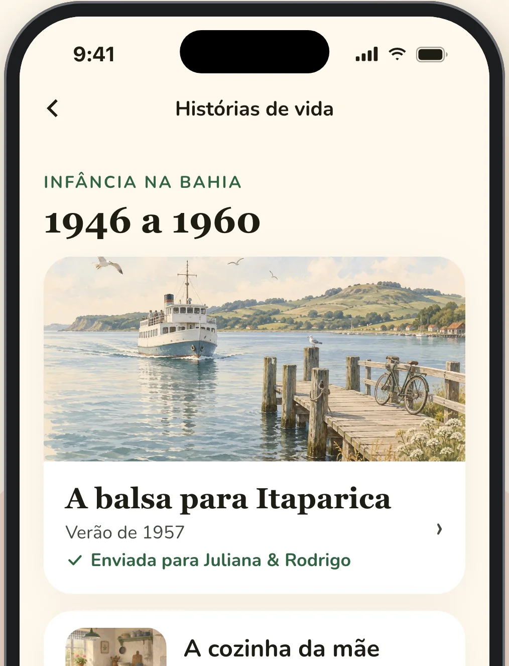 As histórias de vida do José no app Elsy, começando por A balsa para Itaparica, verão de 1957