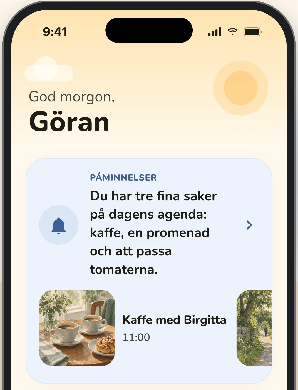 Elsy-appens startskärm: god morgon, Göran, med dagens påminnelser och mediciner