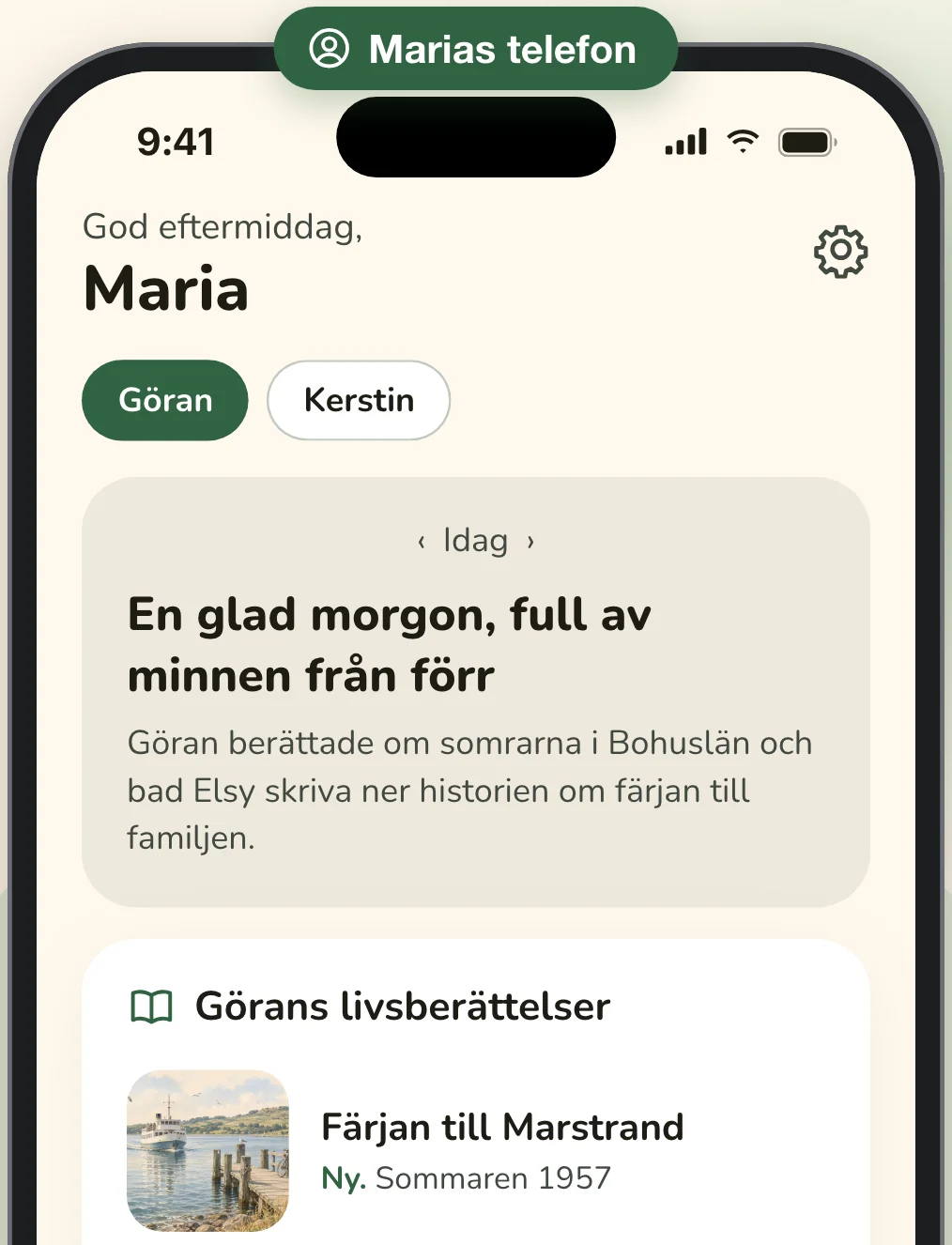 Telefonen hos Görans dotter Maria: en kort sammanfattning av hans morgon och berättelserna han har skickat till henne