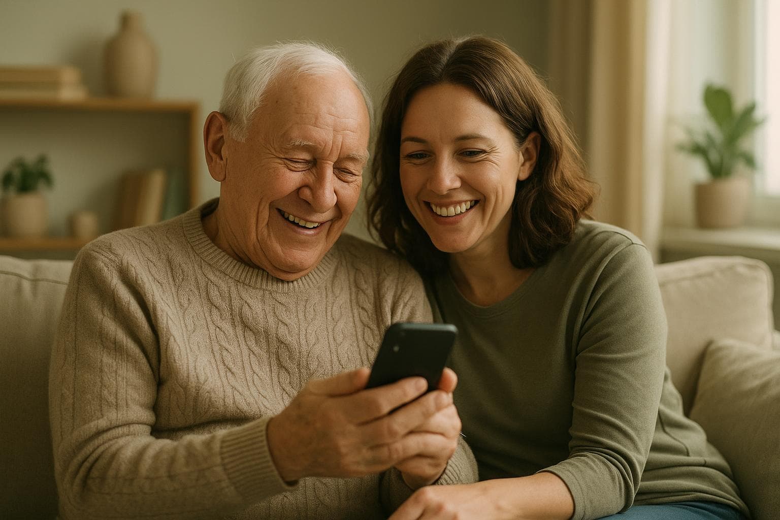 An older man and his daughter smiling at a phone together