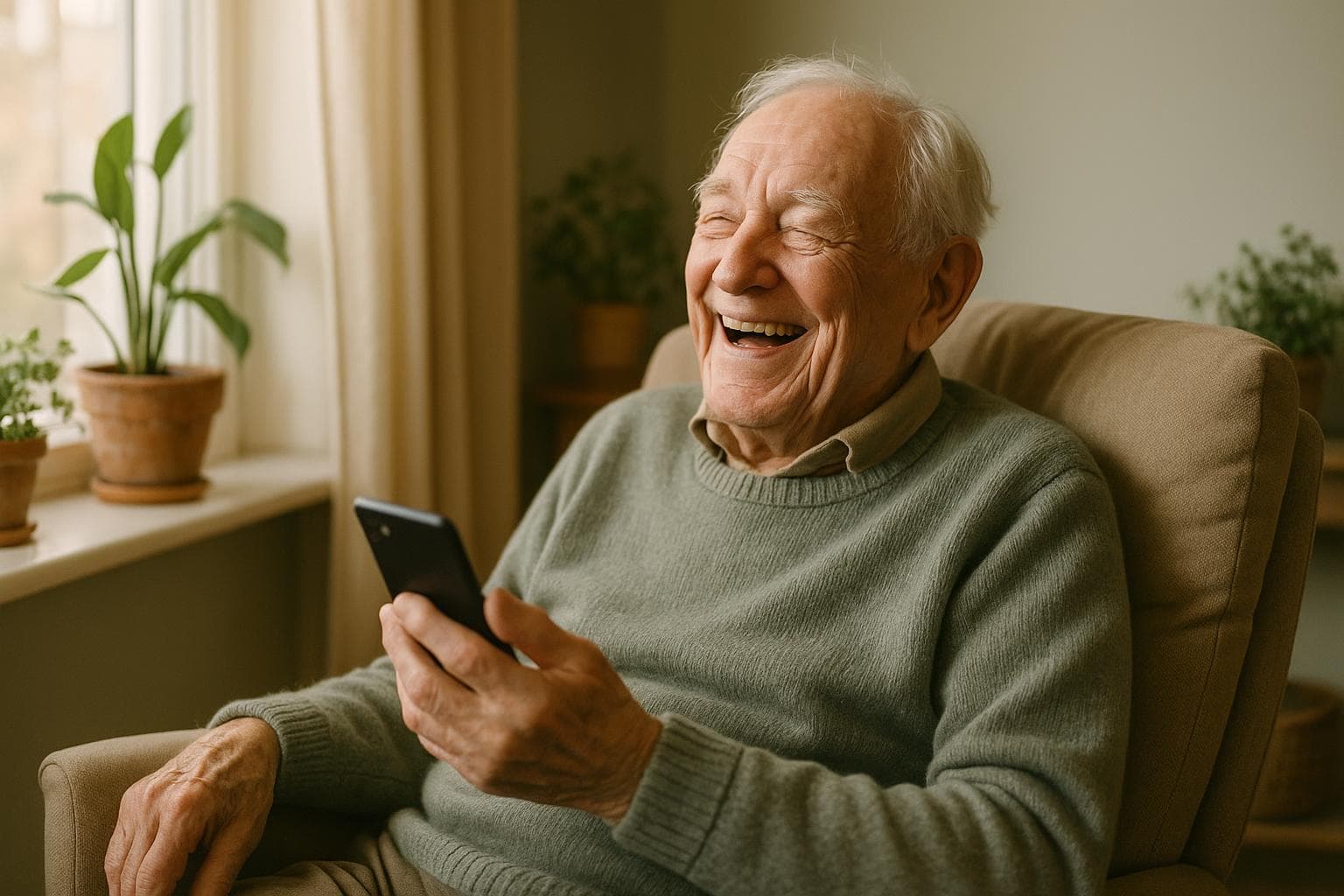 An older man laughing while chatting with Elsy in his armchair