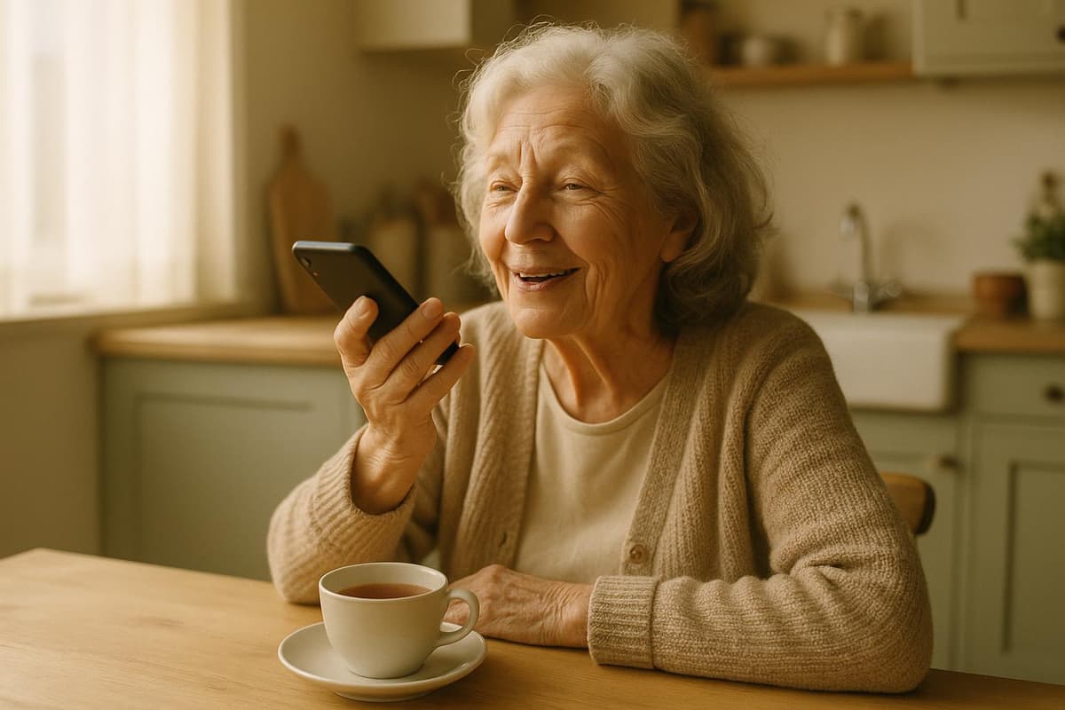An older woman at her kitchen table, chatting with Elsy on her phone