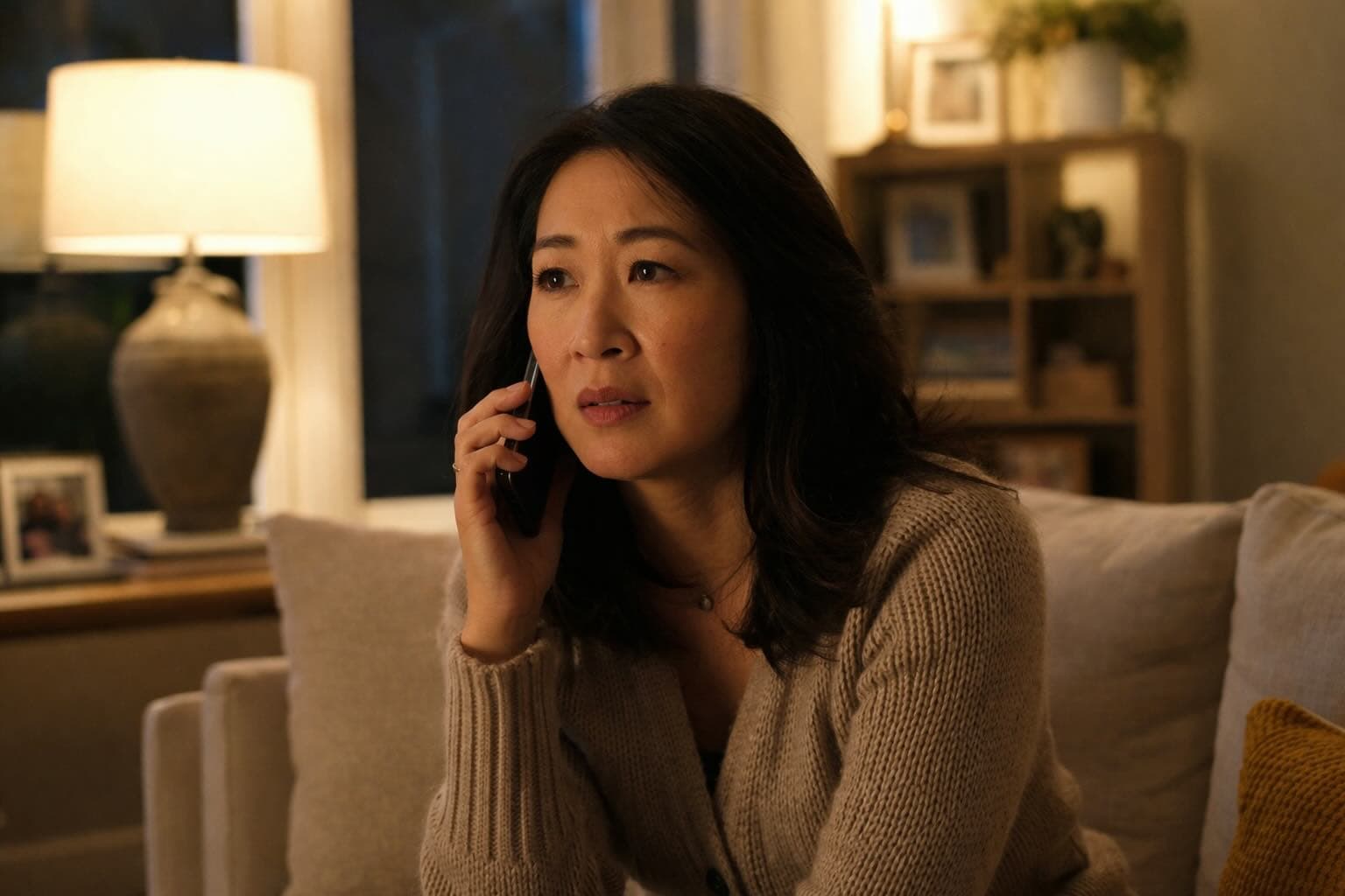 Adult daughter looking at her phone, worried about her parent
