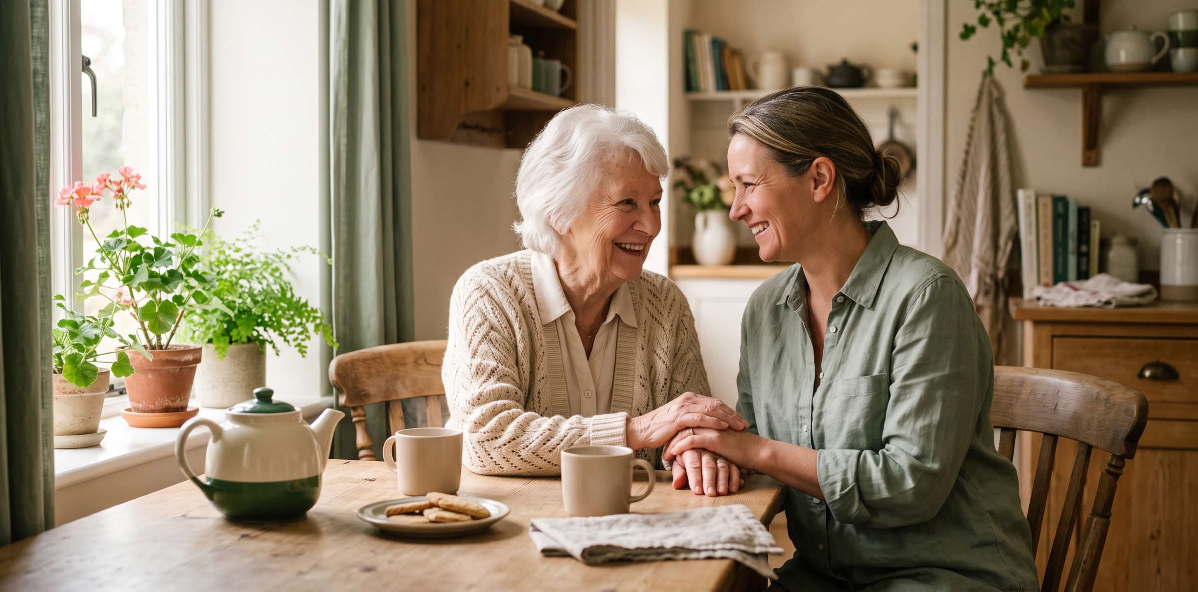 An older woman and her adult daughter laughing together over tea at a sunlit kitchen table