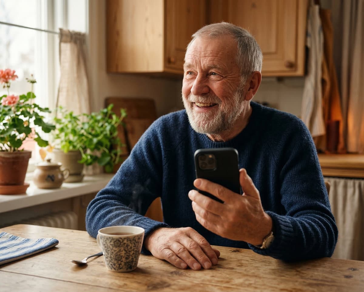 An older adult at home holding their phone