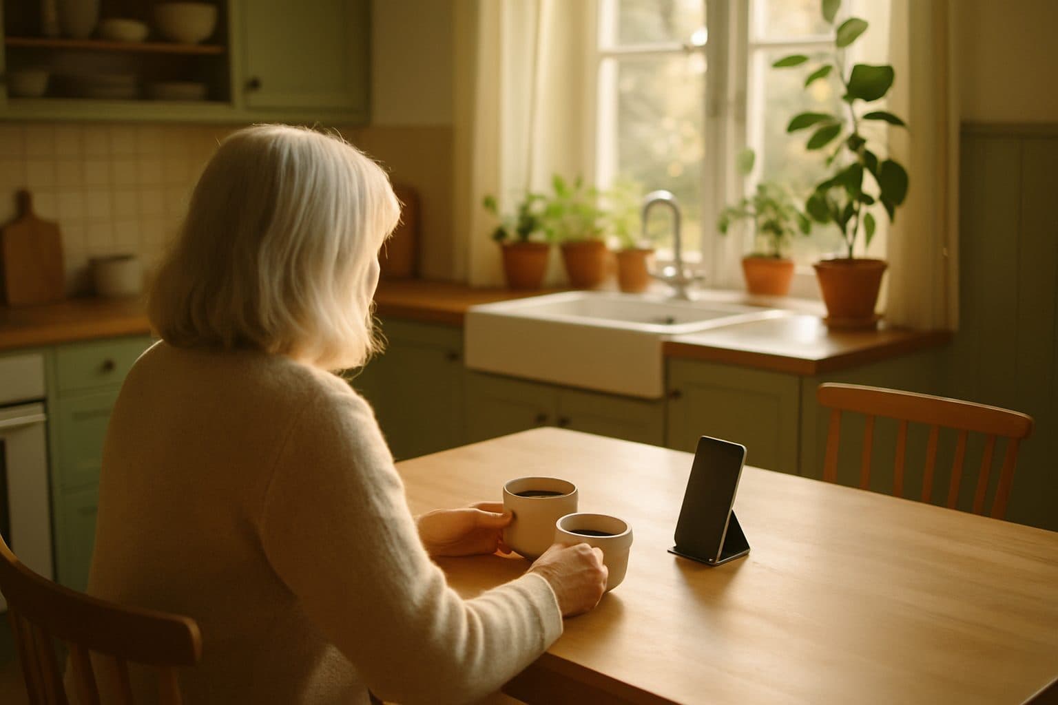 En ældre kvinde sidder ved køkkenbordet med en kop kaffe og sin telefon i morgenlyset