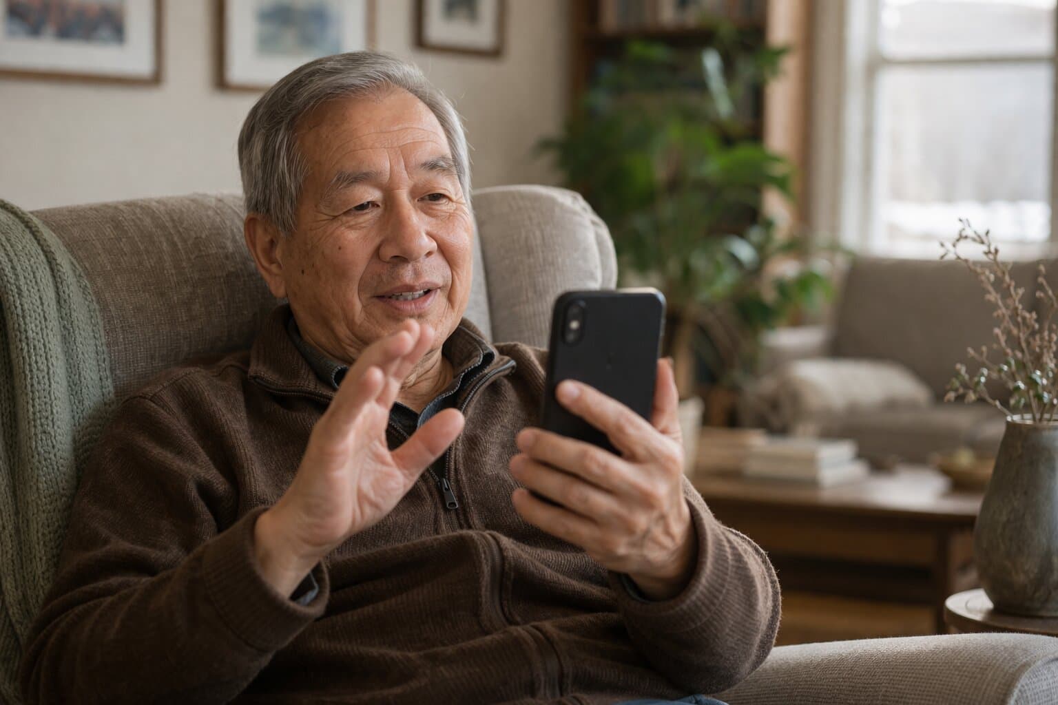An older man at home, smiling as he talks with Elsy on his phone
