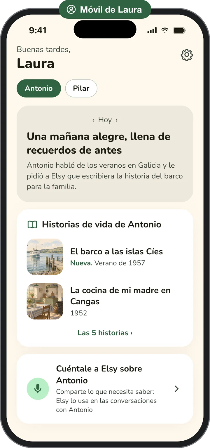 El teléfono de Laura: un resumen de la mañana de su padre, las historias de vida que él ha compartido con ella y un botón para hablarle a Elsy de él