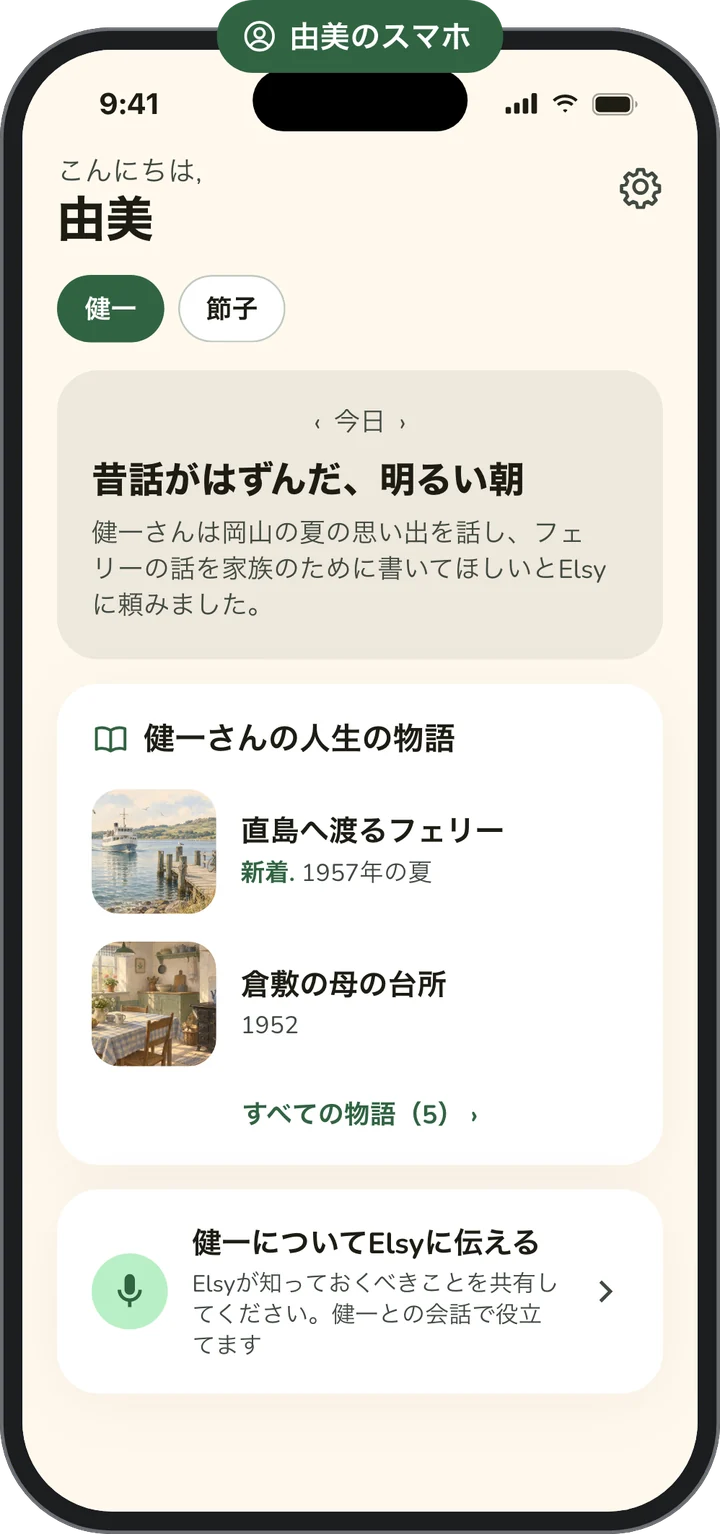 由美さんのスマートフォン。お父さんの朝の様子のまとめ、お父さんが共有した人生の物語、お父さんのことをElsyに伝えるボタン
