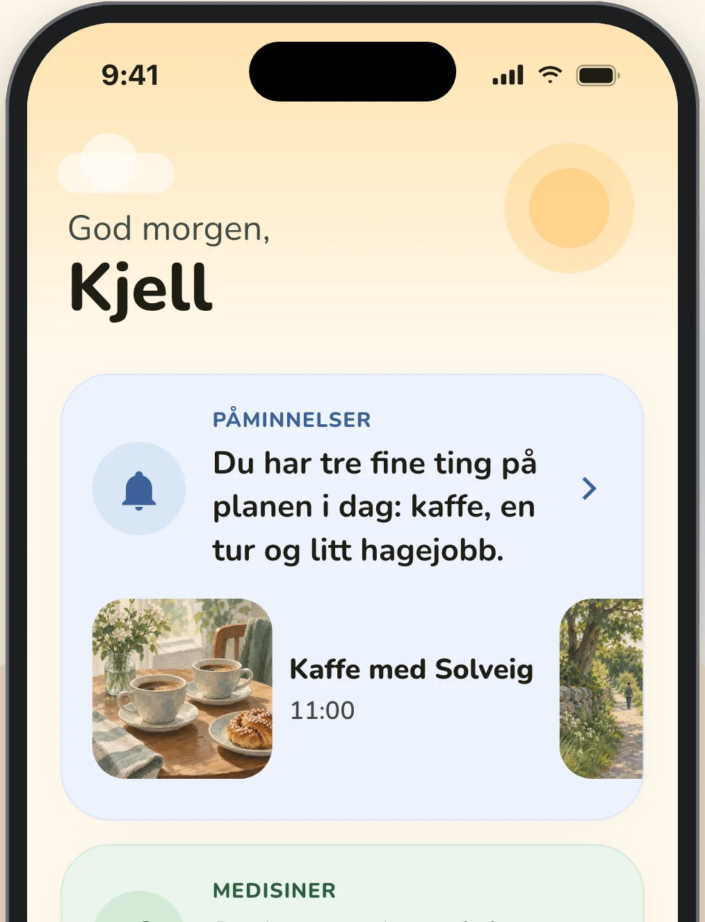 Startskjermen i Elsy-appen: God morgen, Kjell, med dagens påminnelser og medisiner