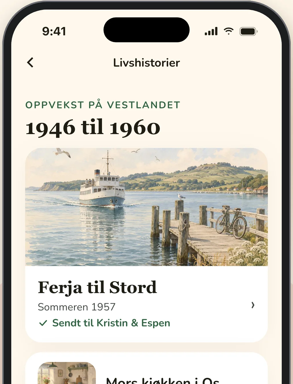 Kjells livshistorier i Elsy-appen, som starter med Ferja til Stord, sommeren 1957
