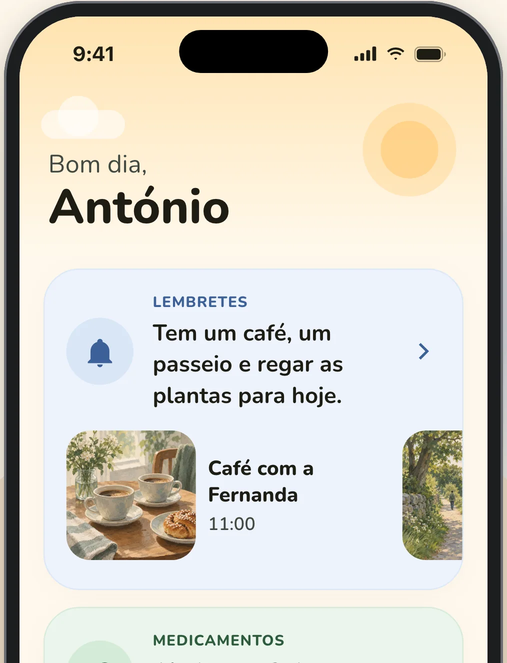O ecrã inicial da app Elsy: bom dia, António, com os lembretes e a medicação de hoje