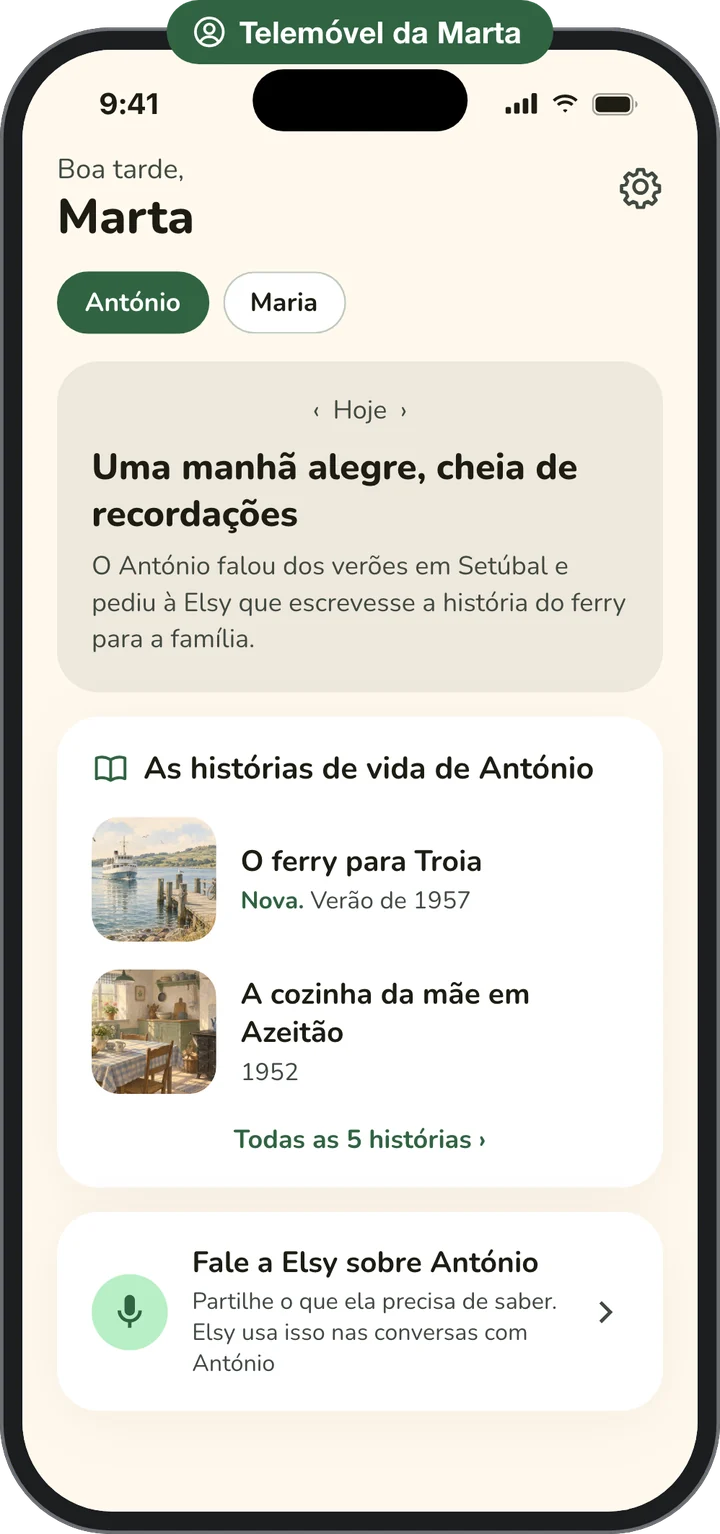 O telemóvel da Marta: um resumo da manhã do pai, as histórias de vida que ele partilhou com ela e um botão para falar à Elsy sobre ele