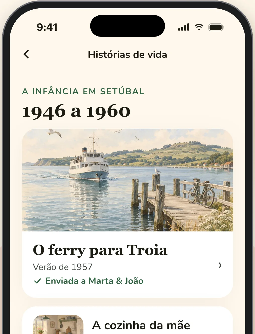 As histórias de vida do António na app Elsy, a começar por «O ferry para Troia», verão de 1957