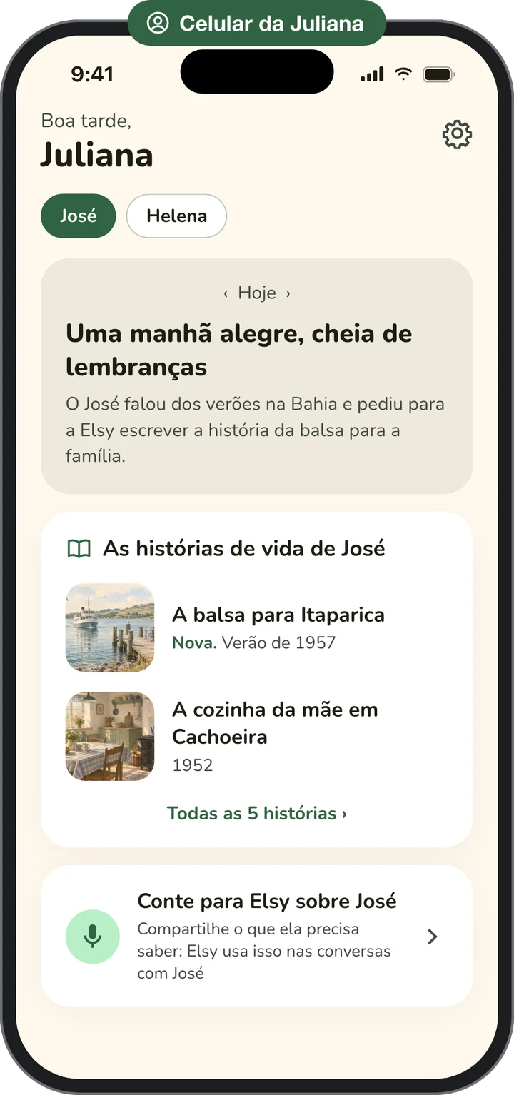 O celular da Juliana: um resumo da manhã do pai dela, as histórias de vida que ele compartilhou com ela e um botão para contar para a Elsy sobre ele
