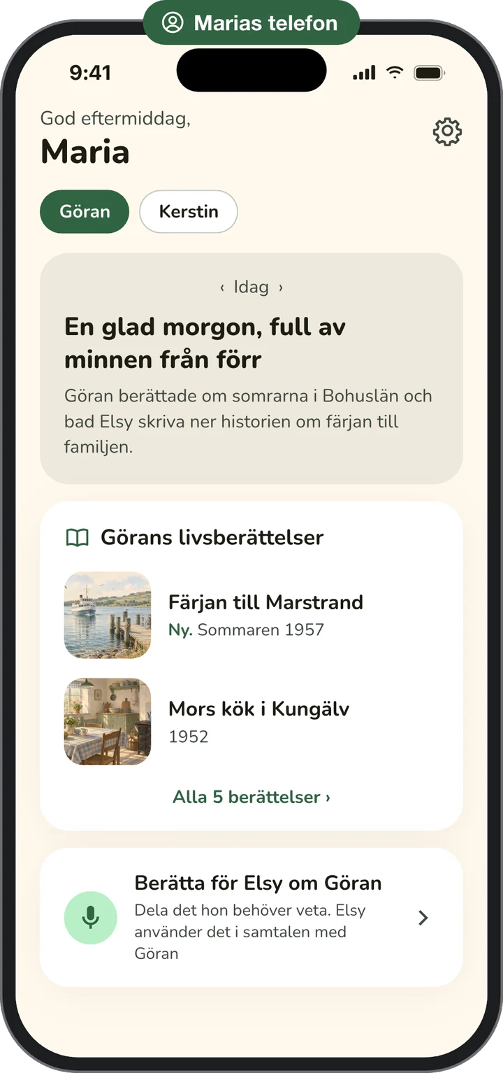 Marias telefon: en sammanfattning av hennes pappas morgon, livsberättelserna han har delat med henne och en knapp för att berätta för Elsy om honom